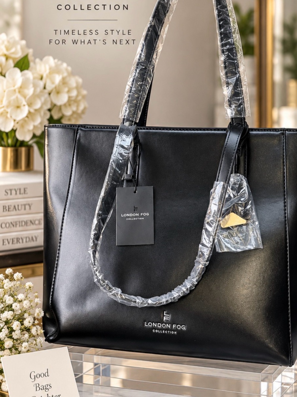 London Fog Black Structured Tote with Shoulder Straps